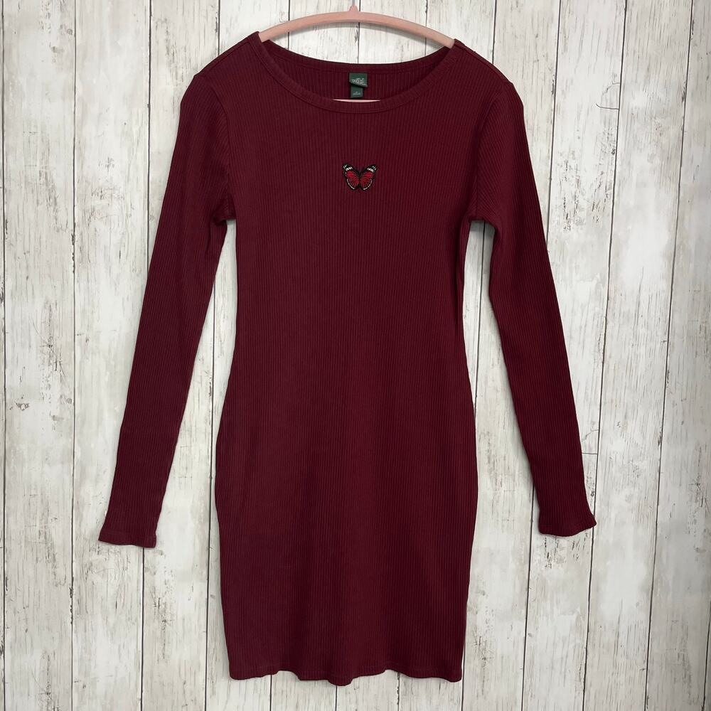 Wild Fable Butterfly Long Sleeve Ribbed Fitted Y2K Vibe Bodycon Short Dress